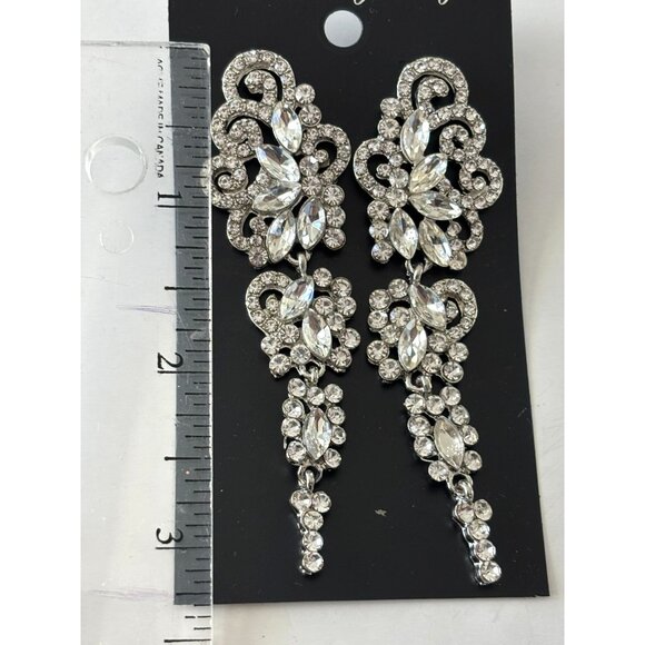 Crystal Rhinestone Statement Dangle Earrings For Women Silver-Tone Elegant Desig - Picture 3 of 3